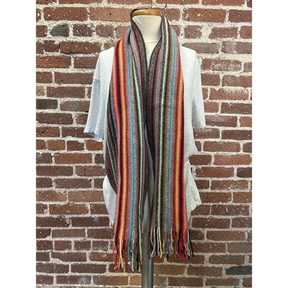 William Brunton Scarf Lambswool Striped Multi Color Made In Scotland Fringe Knit